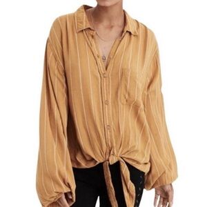 American Eagle Striped Tie Front Oversized Shirt Button Front Yellow XS